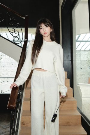 Cozy Round Neck Knitted Sweater and Long Pants Two-Piece Set for Women - Autumn Winter Casual Outfit
