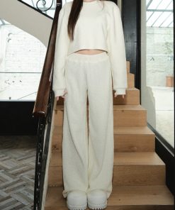 Cozy Round Neck Knitted Sweater and Long Pants Two-Piece Set for Women - Autumn Winter Casual Outfit