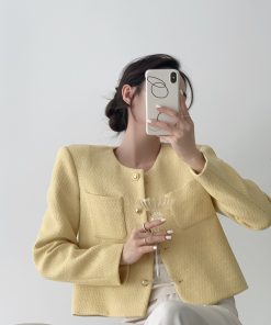 Cream Collarless Short Jacket for Women, French Style, Elegant Spring Autumn Layering Piece, High-End Fashion Must-Have