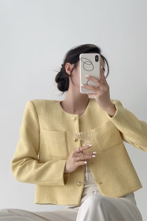 Cream Collarless Short Jacket for Women, French Style, Elegant Spring Autumn Layering Piece, High-End Fashion Must-Have