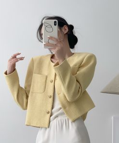 Cream Collarless Short Jacket for Women, French Style, Elegant Spring Autumn Layering Piece, High-End Fashion Must-Have