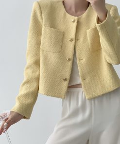 Cream Collarless Short Jacket for Women, French Style, Elegant Spring Autumn Layering Piece, High-End Fashion Must-Have