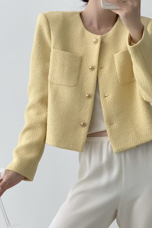 Cream Collarless Short Jacket for Women, French Style, Elegant Spring Autumn Layering Piece, High-End Fashion Must-Have