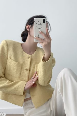Cream Collarless Short Jacket for Women, French Style, Elegant Spring Autumn Layering Piece, High-End Fashion Must-Have
