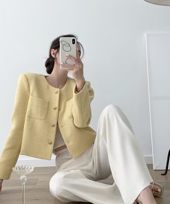 Cream Collarless Short Jacket for Women, French Style, Elegant Spring Autumn Layering Piece, High-End Fashion Must-Have