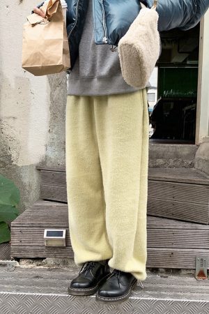 Cream Double-Sided Knitted Fluffy Joggers - IAC Korean Style Cozy Pants for Casual Comfort