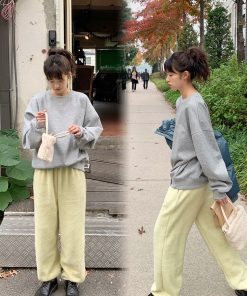 Cream Double-Sided Knitted Fluffy Joggers - IAC Korean Style Cozy Pants for Casual Comfort