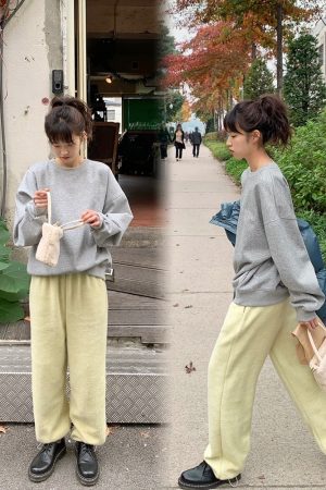 Cream Double-Sided Knitted Fluffy Joggers - IAC Korean Style Cozy Pants for Casual Comfort