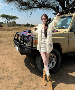 Cream Knitted Jacket for Women - Casual Loose Fit Spring/Summer Top, Lightweight Literary Style, Perfect for 90s and Y2K Fashion