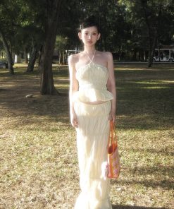 Cream Tie-Dye Pleated Strapless Skirt Set with Drawstring Waist for Vacation, Beach, or Summer - Chic Elastic Design