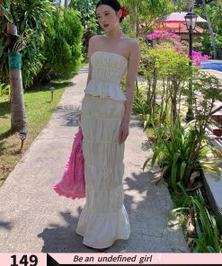 Cream Tie-Dye Pleated Strapless Skirt Set with Drawstring Waist for Vacation, Beach, or Summer - Chic Elastic Design