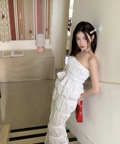 Cream Tie-Dye Pleated Strapless Skirt Set with Drawstring Waist for Vacation, Beach, or Summer - Chic Elastic Design