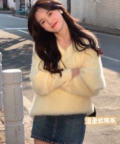 Cream Yellow Mink Velvet V-Neck Sweater for Women, Cozy Thick Knitted Pullover, Autumn Winter Fashion, Soft Luxe Knit Top