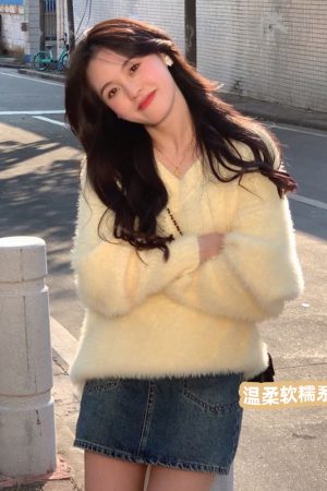 Cream Yellow Mink Velvet V-Neck Sweater for Women, Cozy Thick Knitted Pullover, Autumn Winter Fashion, Soft Luxe Knit Top