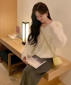 Cream Yellow Mink Velvet V-Neck Sweater for Women, Cozy Thick Knitted Pullover, Autumn Winter Fashion, Soft Luxe Knit Top