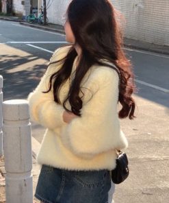 Cream Yellow Mink Velvet V-Neck Sweater for Women, Cozy Thick Knitted Pullover, Autumn Winter Fashion, Soft Luxe Knit Top