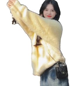 Cream Yellow Mink Velvet V-Neck Sweater for Women, Cozy Thick Knitted Pullover, Autumn Winter Fashion, Soft Luxe Knit Top