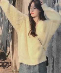 Cream Yellow Mink Velvet V-Neck Sweater for Women, Cozy Thick Knitted Pullover, Autumn Winter Fashion, Soft Luxe Knit Top