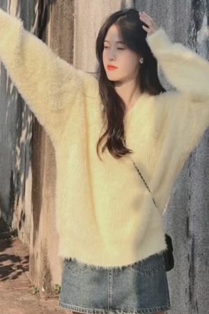 Cream Yellow Mink Velvet V-Neck Sweater for Women, Cozy Thick Knitted Pullover, Autumn Winter Fashion, Soft Luxe Knit Top