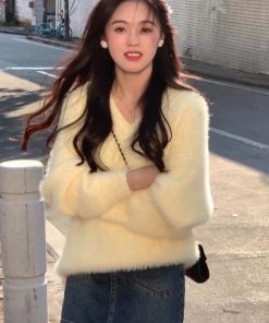 Cream Yellow Mink Velvet V-Neck Sweater for Women, Cozy Thick Knitted Pullover, Autumn Winter Fashion, Soft Luxe Knit Top