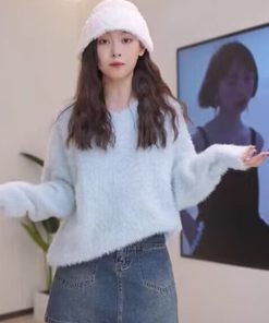 Cream Yellow Mink Velvet V-Neck Sweater for Women, Cozy Thick Knitted Pullover, Autumn Winter Fashion, Soft Luxe Knit Top