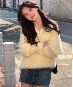 Cream Yellow Mink Velvet V-Neck Sweater for Women, Cozy Thick Knitted Pullover, Autumn Winter Fashion, Soft Luxe Knit Top