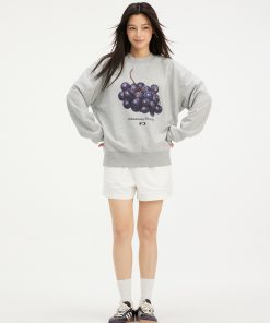 Creative Grape Round Neck Pullover Sweatshirt for Women – Loose Casual Fall Spring Jacket, Trendy Streetwear Style