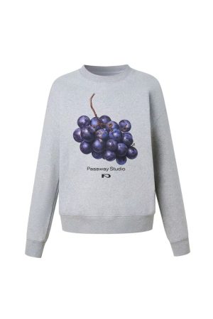Creative Grape Round Neck Pullover Sweatshirt for Women â€“ Loose Casual Fall Spring Jacket, Trendy Streetwear Style