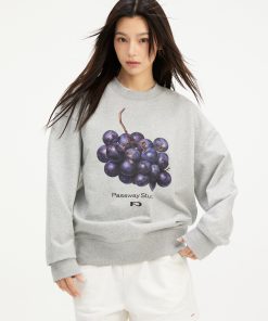 Creative Grape Round Neck Pullover Sweatshirt for Women â€“ Loose Casual Fall Spring Jacket, Trendy Streetwear Style