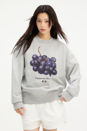 Creative Grape Round Neck Pullover Sweatshirt for Women â€“ Loose Casual Fall Spring Jacket, Trendy Streetwear Style