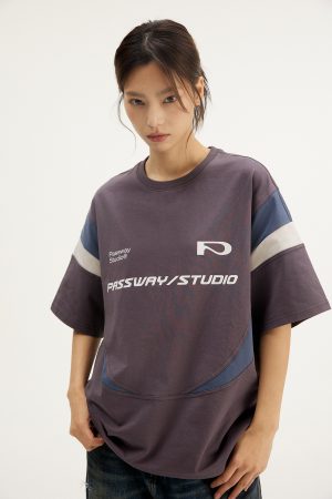 Crescent Patchwork Loose T-shirt for Spring Summer - Breathable Quick-Dry Sports Tee with Short Sleeves for Active Wear