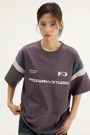 Crescent Patchwork Loose T-shirt for Spring Summer - Breathable Quick-Dry Sports Tee with Short Sleeves for Active Wear