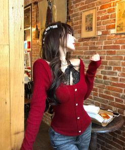 Crimson Lace Embroidered Backless Two-Piece Knitted Sweater for Women - Autumn Winter Long Sleeve Slim Fit Fashion 90s Y2K Style