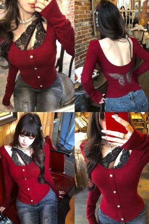 Crimson Lace Embroidered Backless Two-Piece Knitted Sweater for Women - Autumn Winter Long Sleeve Slim Fit Fashion 90s Y2K Style
