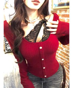 Crimson Lace Embroidered Backless Two-Piece Knitted Sweater for Women - Autumn Winter Long Sleeve Slim Fit Fashion 90s Y2K Style