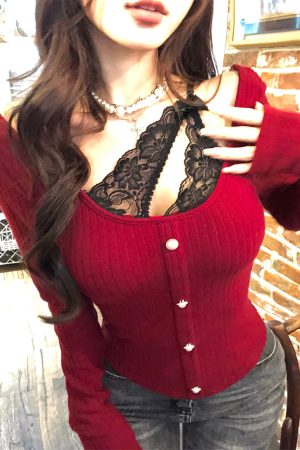 Crimson Lace Embroidered Backless Two-Piece Knitted Sweater for Women - Autumn Winter Long Sleeve Slim Fit Fashion 90s Y2K Style