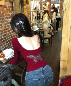 Crimson Lace Embroidered Backless Two-Piece Knitted Sweater for Women - Autumn Winter Long Sleeve Slim Fit Fashion 90s Y2K Style