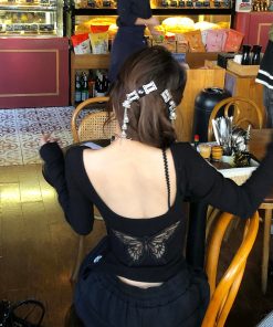 Crimson Lace Embroidered Backless Two-Piece Knitted Sweater for Women - Autumn Winter Long Sleeve Slim Fit Fashion 90s Y2K Style