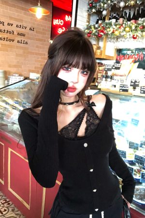 Crimson Lace Embroidered Backless Two-Piece Knitted Sweater for Women - Autumn Winter Long Sleeve Slim Fit Fashion 90s Y2K Style