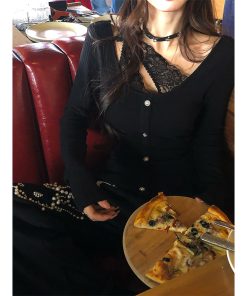 Crimson Lace Embroidered Backless Two-Piece Knitted Sweater for Women - Autumn Winter Long Sleeve Slim Fit Fashion 90s Y2K Style