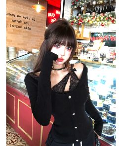 Crimson Two-Piece Lace Embroidered Knitted T-Shirt for Women - Slim Fit Long Sleeve Top for Autumn Winter Fashion