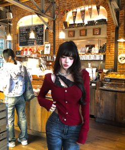 Crimson Two-Piece Lace Embroidered Knitted T-Shirt for Women - Slim Fit Long Sleeve Top for Autumn Winter Fashion