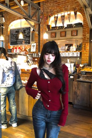 Crimson Two-Piece Lace Embroidered Knitted T-Shirt for Women - Slim Fit Long Sleeve Top for Autumn Winter Fashion
