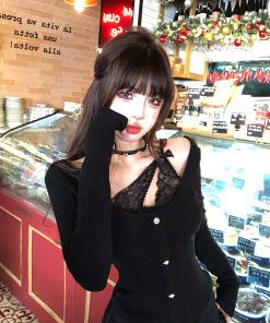 Crimson Two-Piece Lace Embroidered Knitted T-Shirt for Women - Slim Fit Long Sleeve Top for Autumn Winter Fashion