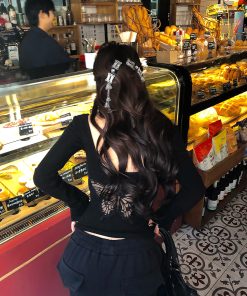 Crimson Two-Piece Lace Embroidered Knitted T-Shirt for Women - Slim Fit Long Sleeve Top for Autumn Winter Fashion