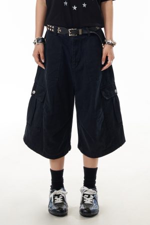 Cropped Retro Apricot Cargo Pants for Women, American Style Pleated Multi-Pocket Wide-Leg Shorts, Casual Y2K Fashion