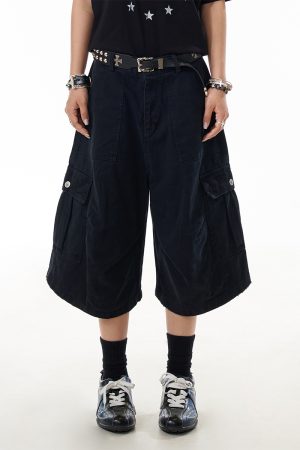 Cropped Retro Apricot Cargo Pants for Women, American Style Pleated Multi-Pocket Wide-Leg Shorts, Casual Y2K Fashion
