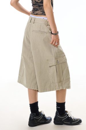 Cropped Retro Apricot Cargo Pants for Women, American Style Pleated Multi-Pocket Wide-Leg Shorts, Casual Y2K Fashion