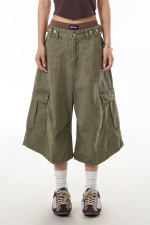 Cropped Retro Apricot Cargo Pants for Women, American Style Pleated Multi-Pocket Wide-Leg Shorts, Casual Y2K Fashion