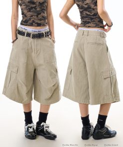 Cropped Retro Apricot Cargo Pants for Women, American Style Pleated Multi-Pocket Wide-Leg Shorts, Casual Y2K Fashion